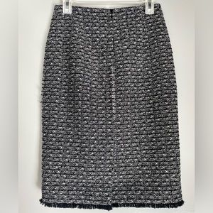 J. Crew Tweed Pencil Skirt Fringed Trim Black White F6002 Size 0